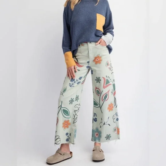 Easel Bold, Floral Rock Wide Leg Jeans - Cream, Green, Orange NWT Size Large - Picture 5 of 10